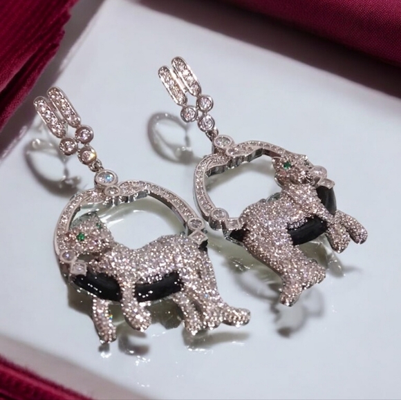 Luxury Lounging Panther Panthere Rhodium Pave Crystal Earrings - Picture 6 of 6